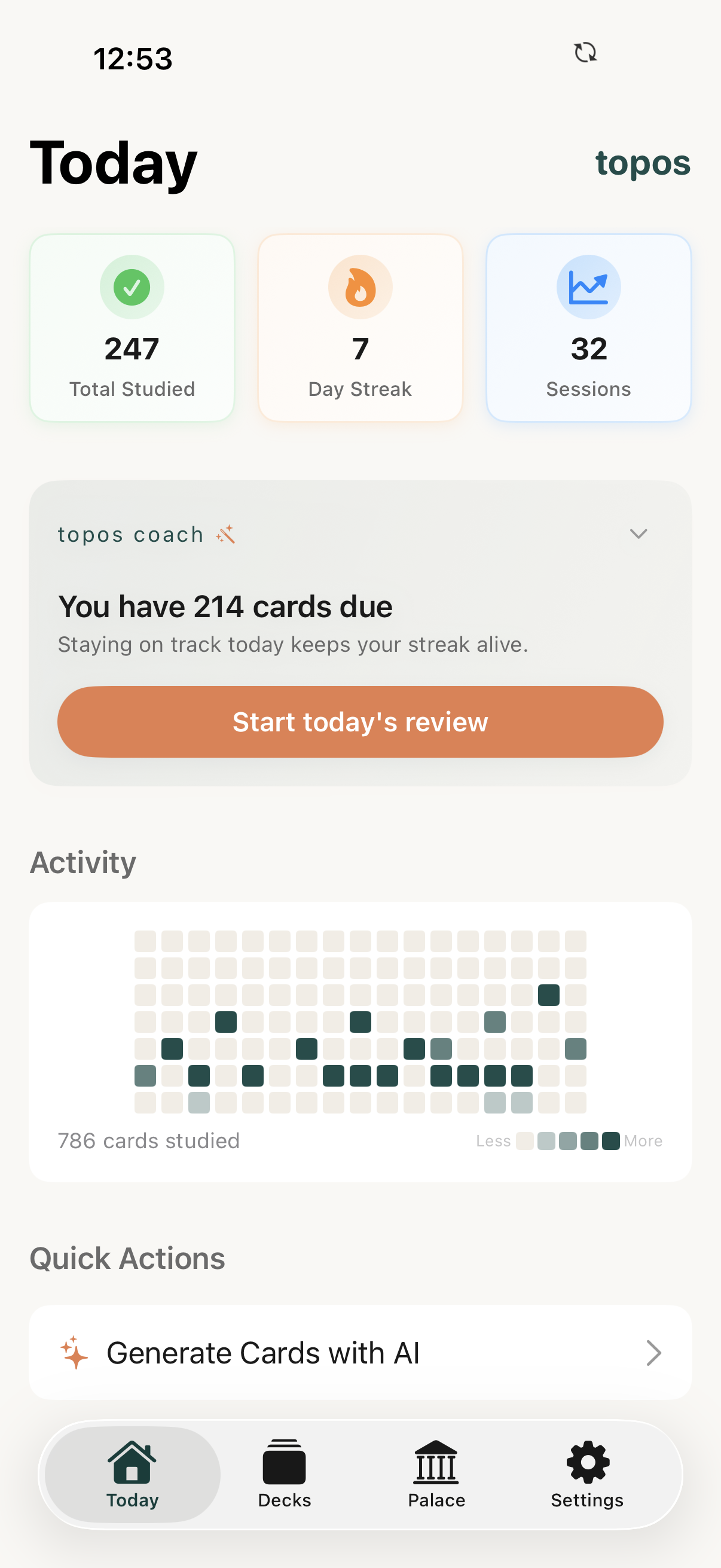 topos home screen showing AI study coach and daily progress