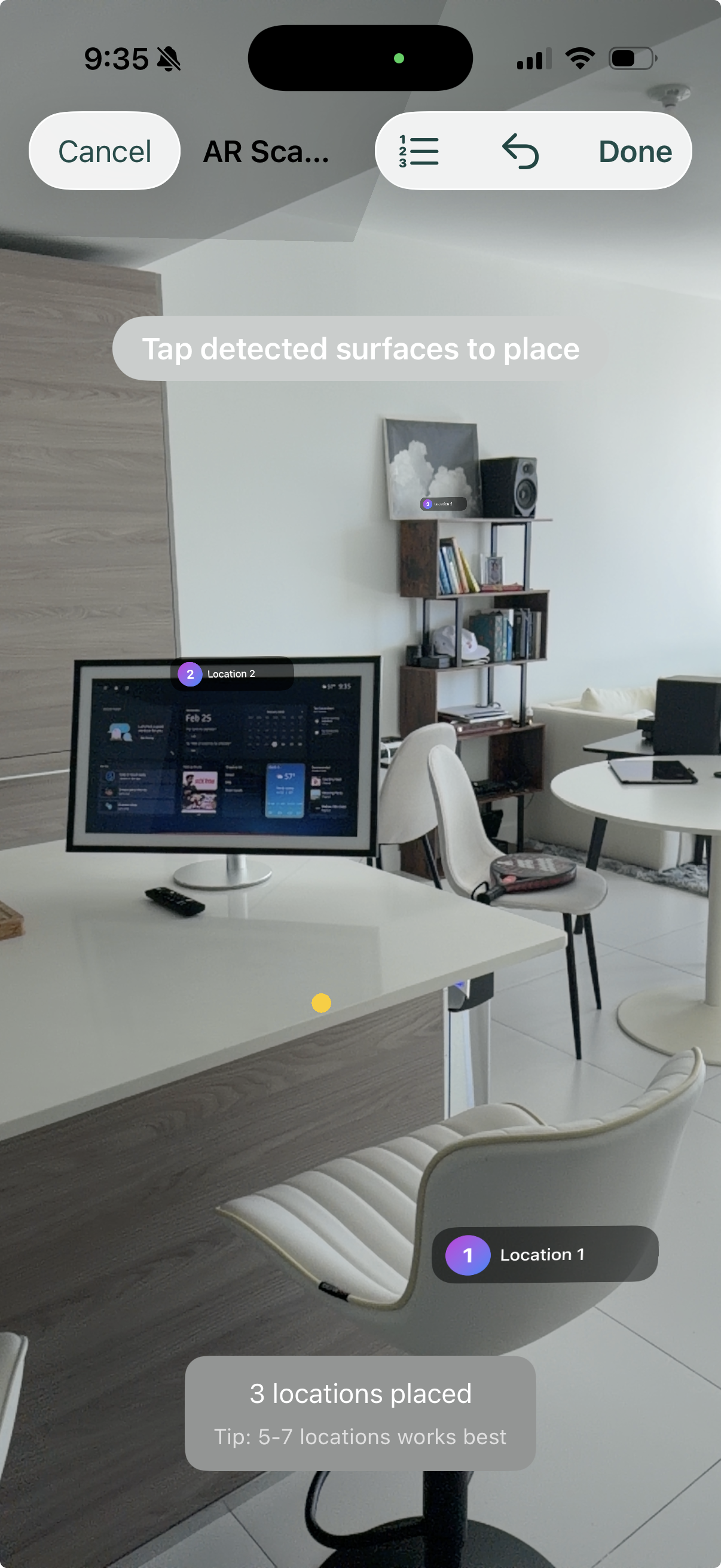 AR palace scanner showing a real room with memory location markers placed on surfaces