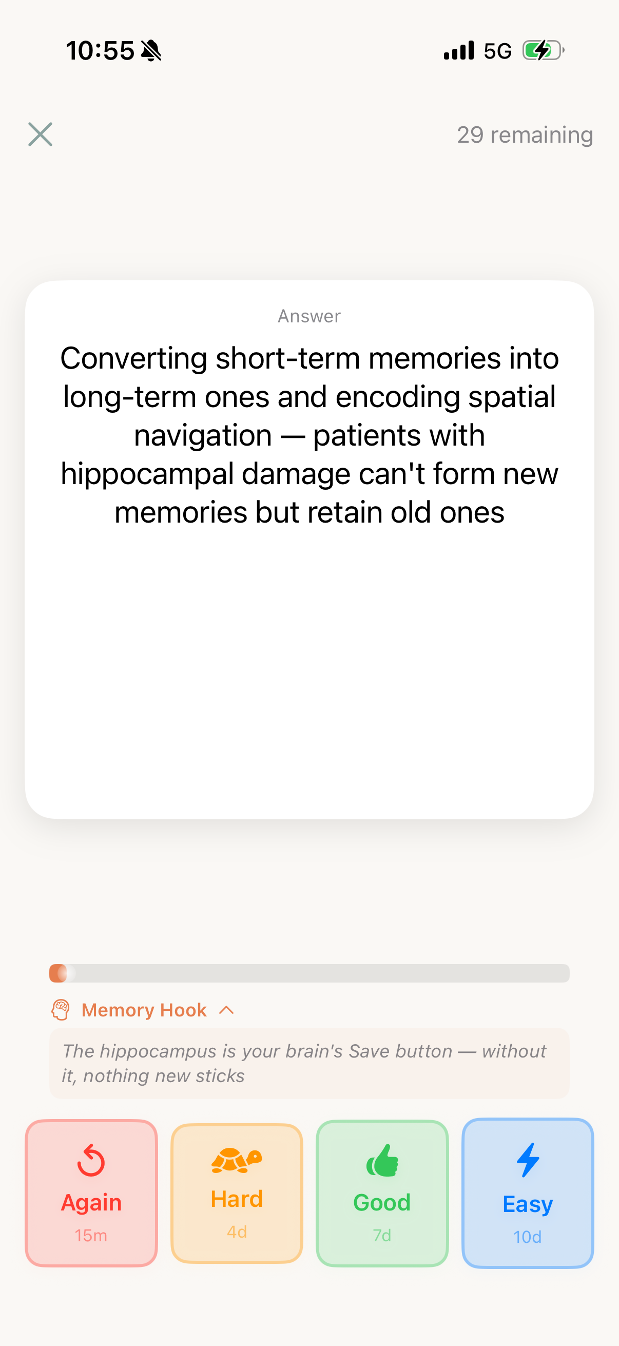 topos study session showing the answer revealed with an AI memory hook and spaced repetition rating buttons